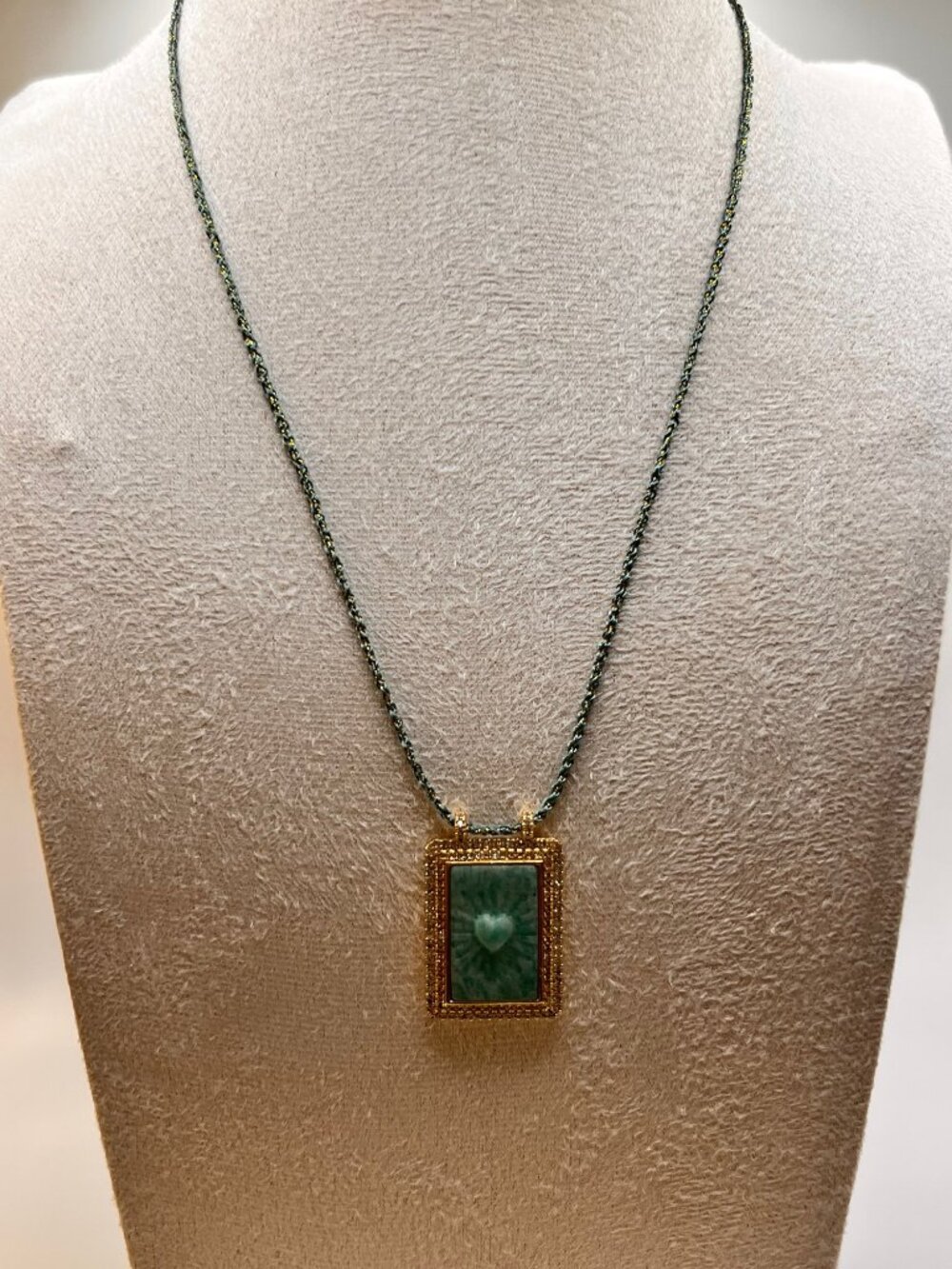 Handmade Natural Amazonite Heart Pendant Necklace Silk Cord Gold Tone Crystal